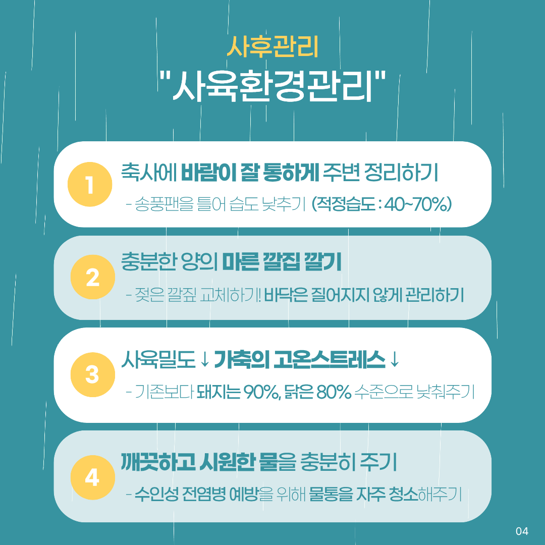 사후관리 사육환경관리 1.축사에 바람이 잘 통하게 주변정리하기 송풍팬을 틀어 습도 낮주기(적정습도 40-70%) 2.충분한 양의 마른 깔집 깔기 젖은 깔짚 교체하기 바닥은 질어지지 않게 관리하기 2. 사육밀도 낮추기 가축의 고온스트레스 낮추기 기존보다 돼지는 90%, 닭은 80% 수준으로 낮춰주기 4.깨끗하고 시원한 물을 충분히 주기 수인성 전염병 예방을 위해 물통을 자주 청소해주기