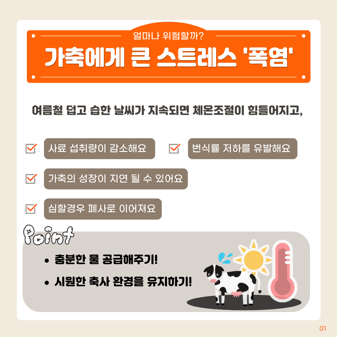 얼마나 위험할까? 가축에게큰스트레스 '폭염' 여름철 덥고 습한 날씨가 지속되면 체온조절이 힘들어지고, 사료 섭취량이 감소해요 번식률 저하를 유발해요 가축의 성장이 지연 될 수 있어요 심할경우 폐사로 이어져요 point 충분한 물 공급해주기! 시원한 축사 환경을 유지하기!