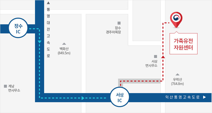 가축유전자원센터 위치안내 : 50000 경남 함양군 서상면 덕유월성로 224 가축유전자원센터(서상면 상남리 250)