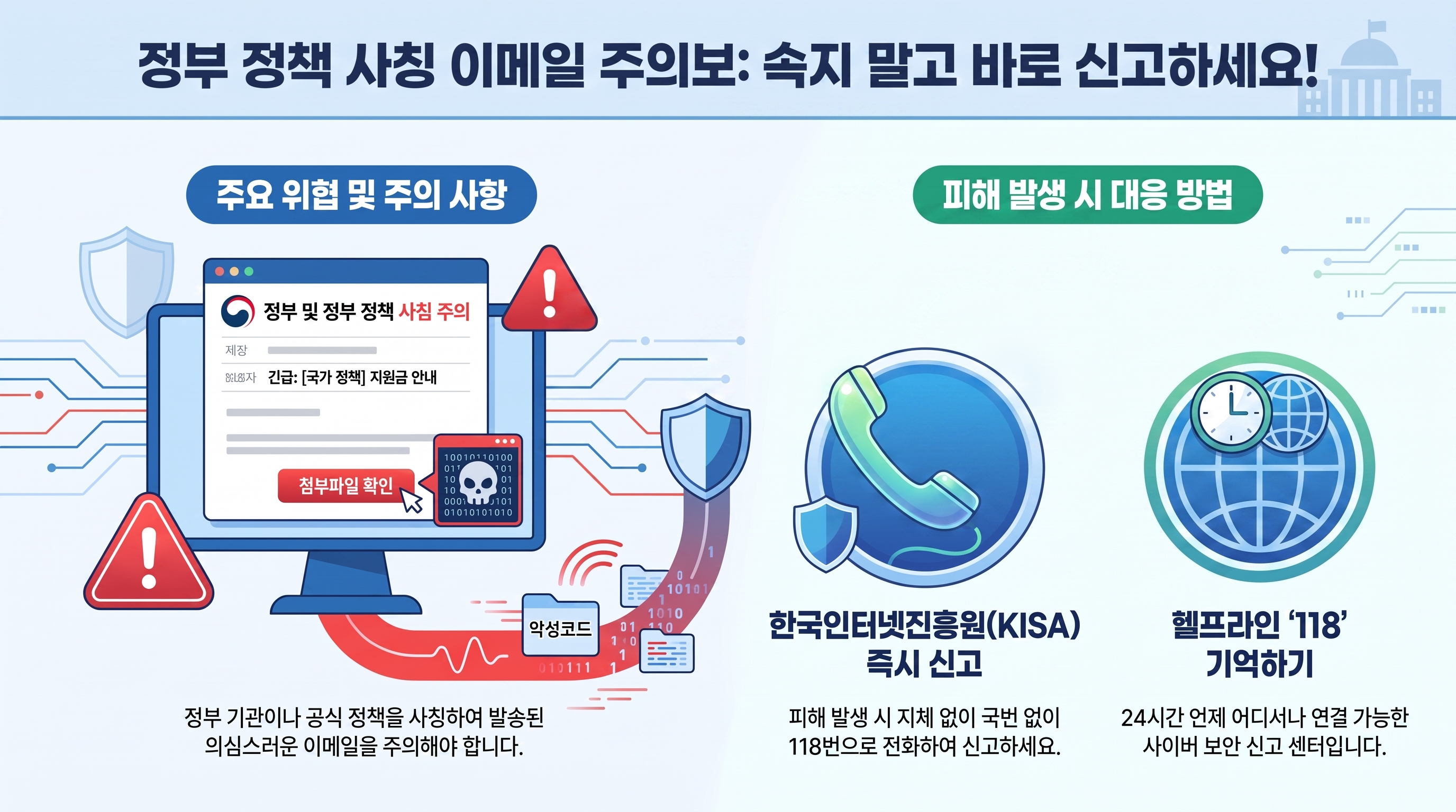 정부 정책 사칭 이메일 주의보:속지 말고 바로 신고하세요! 주요 위협 및 주의 사항 정부 및 정부 정책 사칭 주의 이메일 예시 - 긴급 : [국가 정책] 지원금 안내 첨부파일 확인 정부기관이나 공식 정책을 사칭하여 발송된 의심스러운 이메일을 주의해야 합니다. 피해 발생 시 대응 방법 한국인터넷진흥원(KISA) 즉시 신고 피해 발생 시 국번 없이 118번으로 전화하여 신고하세요. 헬프라인 118 기억하기 24시간 언제 어디서나 연결 가능한 사이버 보안 신고 센터입니다.